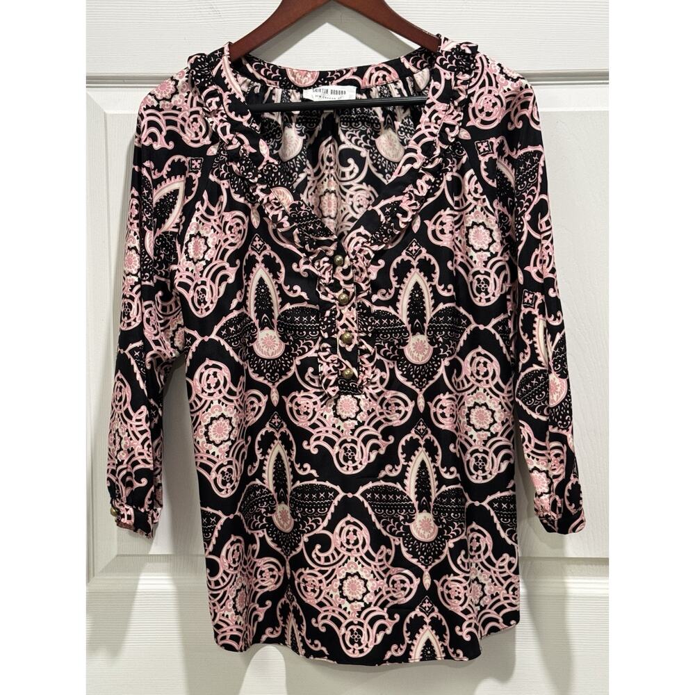 Skirtin Around Silk Paisley Ruffle V-Neck Blouse Geometric Black Pink Size 10